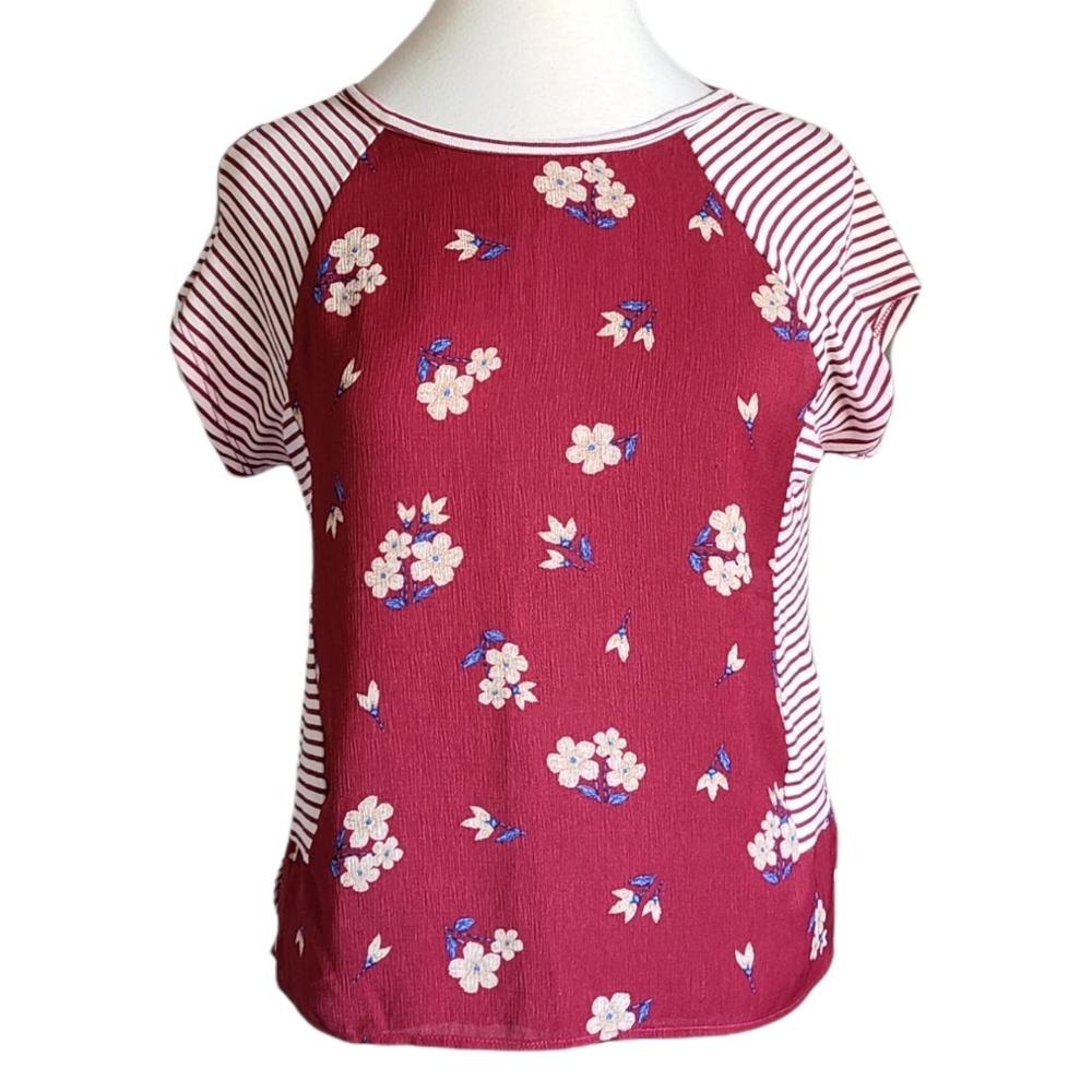 Anthropologie Maeve Floral Striped Top Short Sleeve XS